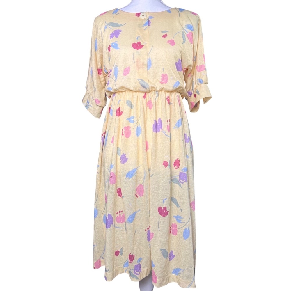 Vintage Avon Fashions Floral Dress Women 3/4 Yellow Short Sleeve USA